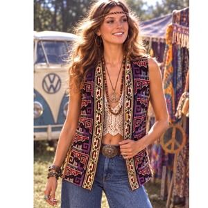 VTG 60's Aladdin tapestry vest sz Boho sz M wool carpet Boho Tribal Aztec